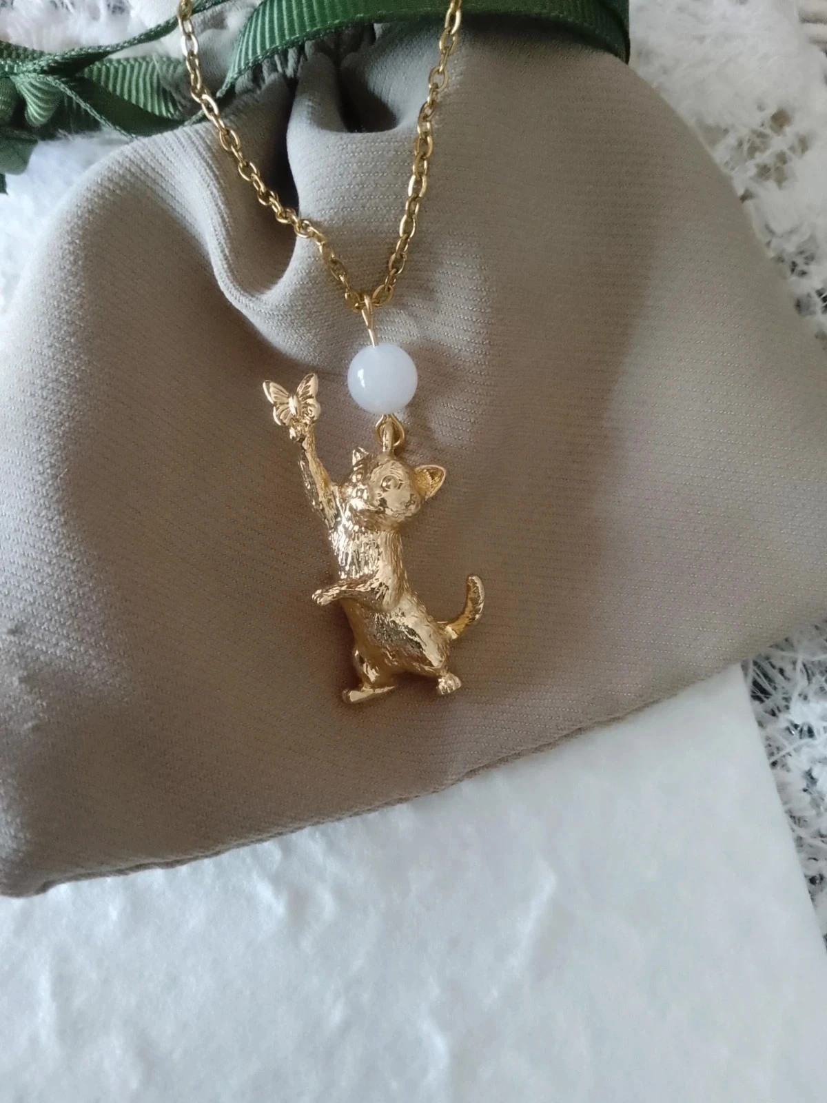 Golden butterfly cat necklace with white moonstone – photo 2